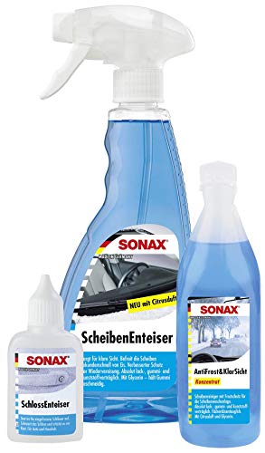 SONAX WinterFitSet (3-teilig): Scheibenenteiser (500 ml), Schlossenteiser (50 ml) & AntiFrost&KlarSicht Konzentrat (250 ml)