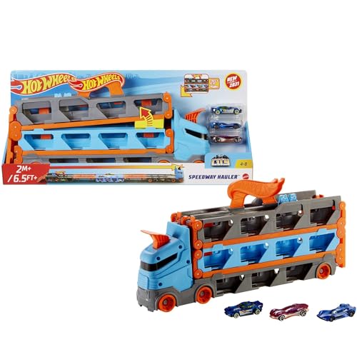 Hot Wheels - 2:1 Autorennbahn zu Transporter, inkl. 3 Spielzeugautos, mit Doppelstarter, Auslösefunktion...
