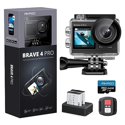 AKASO Brave 4 Pro Action Cam 4K30FPS 20MP mit 64GB U3 Speicherkarte 40M Unterwasserkamera Ultra HD...