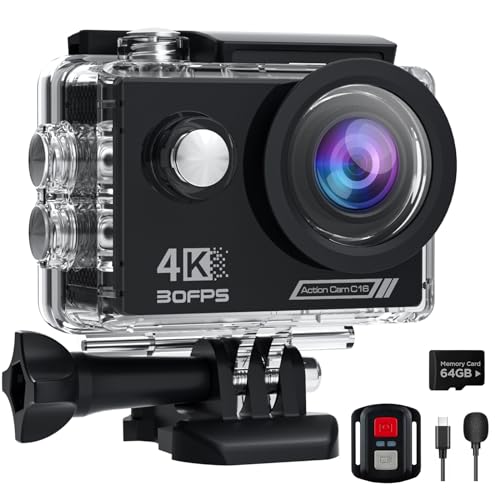 4K Action Cam mit 64G SD Card, 40M Unterwasserkamera WiFi 170° Helmkamera HD 20MP Wasserdicht...