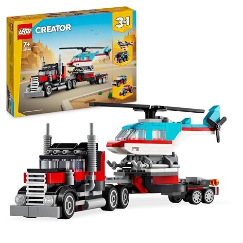 LEGO Creator 3in1 Tieflader mit Hubschrauber, Fahrzeuge-Set mit Helikopter- und LKW-Spielzeug, Flugzeug...