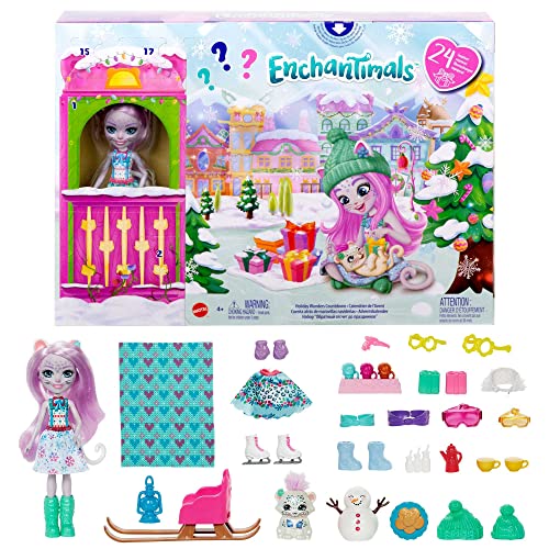 Enchantimals Adventskalender mit Sybill Schneeleopard Puppe (6-in), Tierfigur, & 24 Zubehör, tolles...