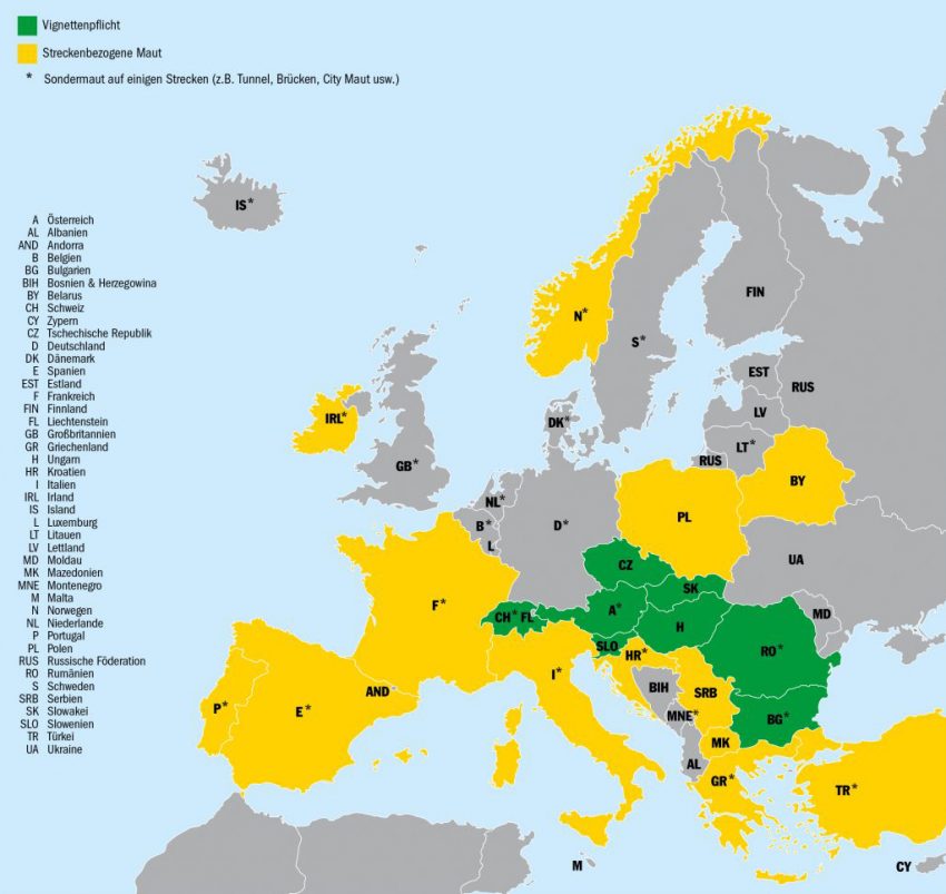 Maut-Regelungen in Europa