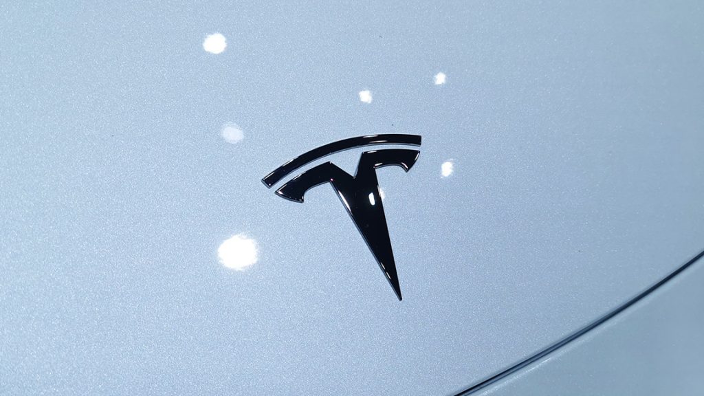 Das Tesla-Logo auf einer polierten Fronthaube.
