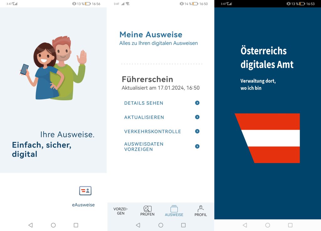 Ausschnitte von Screenshots der Apps "eAusweise" (links, Mitte) und "digitales Amt", die zur Nutzung des digitalen Führerscheins benötigt werden. Aufgenommen am 17.1.2024