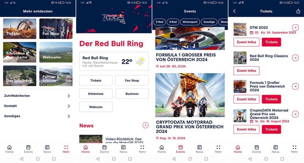 Screenshots der Red Bull Ring App, aufgenommen am 28.8.2023