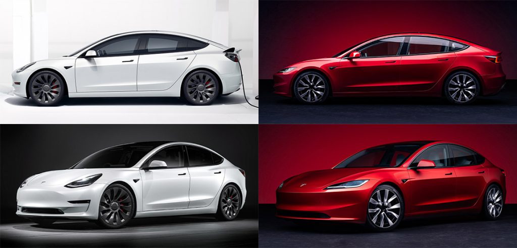 Im Vergleich: Das Tesla Model 3 vor (links, in Weiß) und nach dem Facelift (rechts, in Rot).